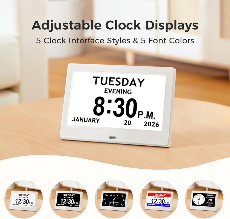 Pastigio 7'' Digital Clock, Dementia Clock With Date And Time, 10 Reminders, 6 Alarms, Auto-Dimming, Auto DST, Remote Control, Large Display Alarm Clock For Seniors, Gifts For People With Dementia, White - Image 5